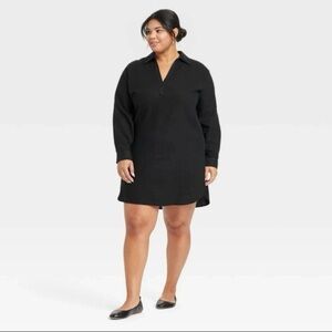 Universal Thread V-Neck Collared Long Sleeve Linen Mini Dress in Black Size S